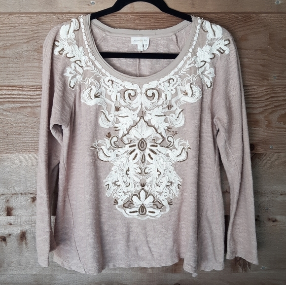 Meadow Rue Tan Sweater with Beading and Embroidery - Picture 1 of 5